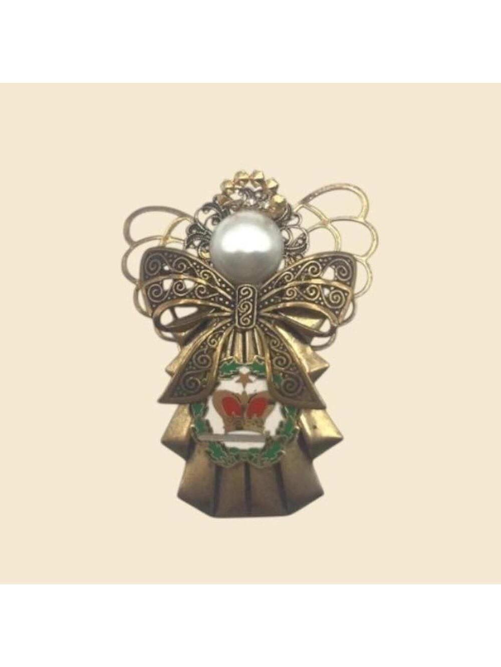 Vintage Angel Brooch: Goldtone Enamel Wreath, Pearl & Rhinestone Halo